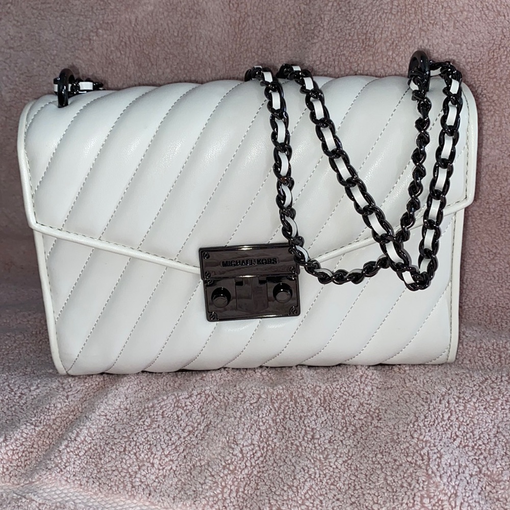 Michael Kors Quilted Shoulder Bag White- Gun Metal Hardware.